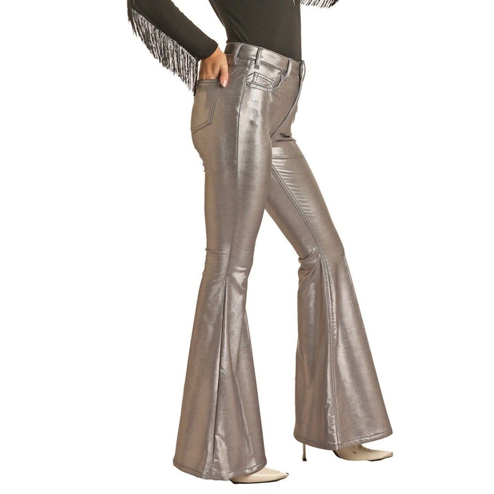 NWT Rock&Roll Denim High Rise Bell Bottom Metallic Silver Leather Feel 26x32